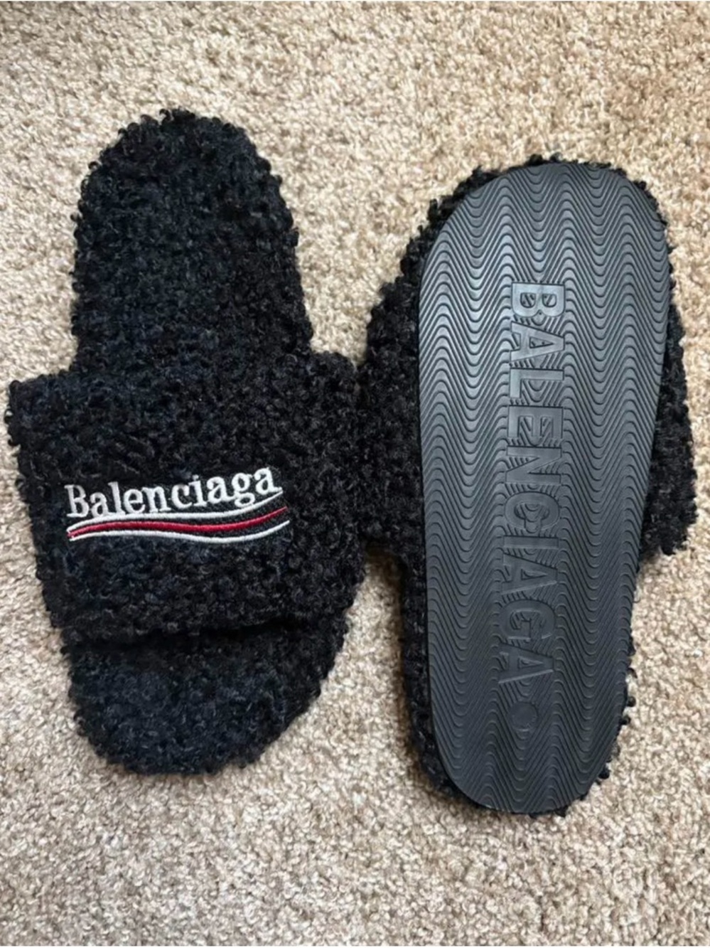 Black Fuzzy Slide Slippers with Red & White Logo